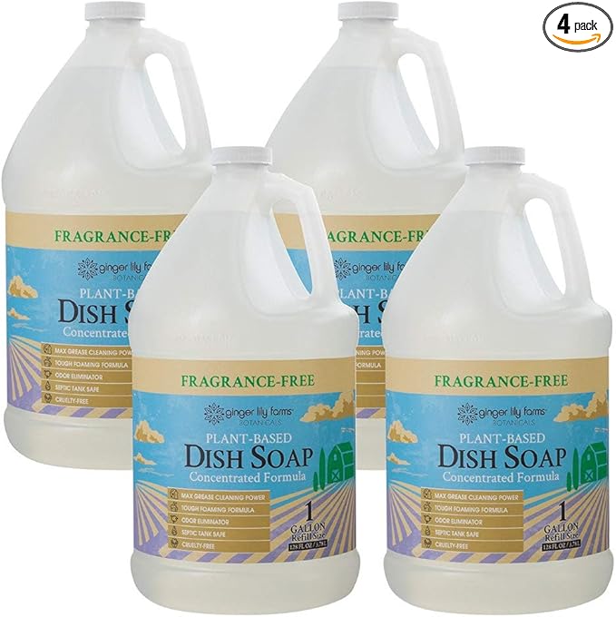 Ginger Lily Farms Botanicals Plant-Based Liquid Dish Soap, Concentrated Formula with Max Grease Cleaning Power, Cruelty-Free, Fragrance-Free, 1 Gallon Refill (128 Fl. Oz.), Clear (Pack of 4)