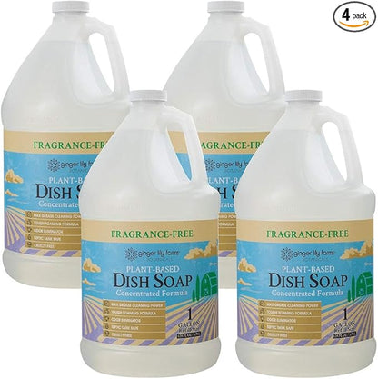 Ginger Lily Farms Botanicals Plant-Based Liquid Dish Soap, Concentrated Formula with Max Grease Cleaning Power, Cruelty-Free, Fragrance-Free, 1 Gallon Refill (128 Fl. Oz.), Clear (Pack of 4)