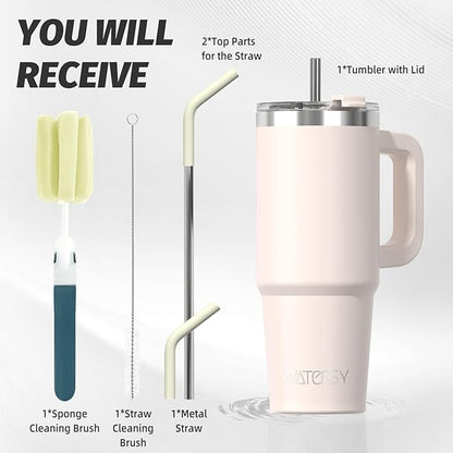 30 oz Tumbler with Handle,Tumbler with Lid and Straw,Double Wall Insulated Cup Stainless Steel Travel Mug(Cold for 34 Hours),Water Bottle for Iced Tea,Coffee,Cold Beverages(Ivory Beige)
