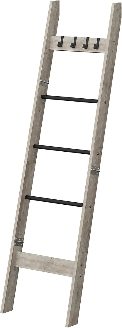 Hzuaneri Blanket Ladder for Living Room, Decorative Quilt Rack with 4 Removable Hooks, 5-Tier Farmhouse Ladder Holder Shelf Organizer for Bedroom, Greige and Black BR02105B