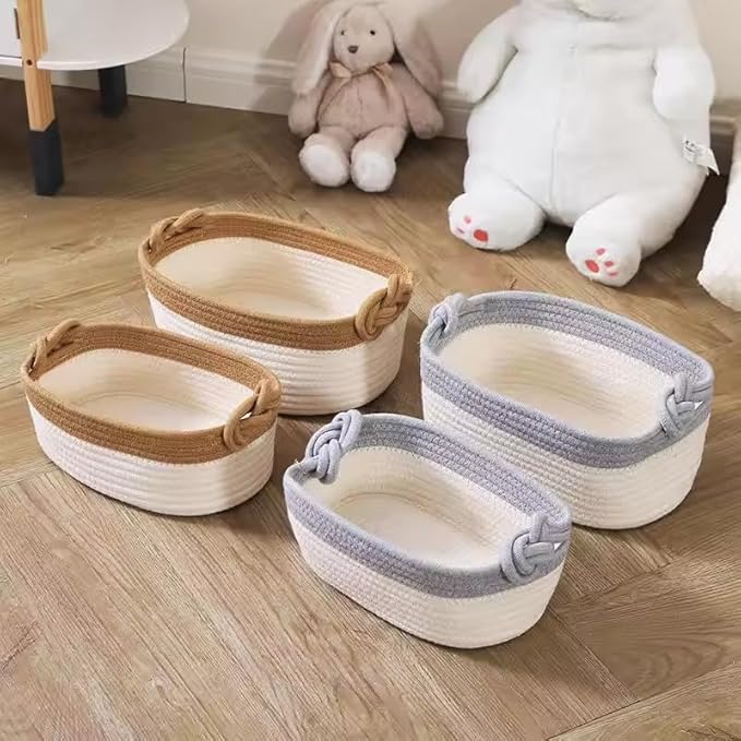 Set of 2 Cotton Woven Baskets 100% – Decorative Storage Set, Easy to Carry, Modern Design in Beige or Gray, Ideal for Bathroom, Bedroom, Living Room, Nursery & Gift Giving