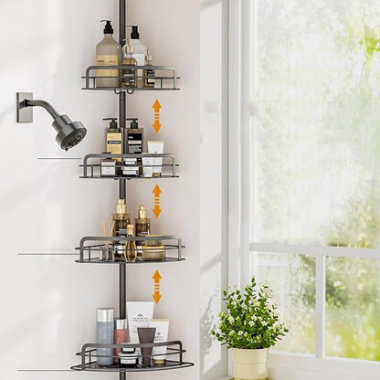 Shower Caddy Corner Tension Pole, 4 Tier Adjustable Corner Shower Organizer with Trays, Floor to Ceiling Tension Shower Caddy with 2 Hooks, 31.5 to 111 Inch, Towel Rack Holder, Black