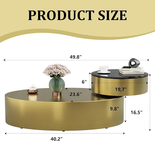Oval Rotating Coffee Table with Tempered Glass Top, 2-Tier Design & 360° Swivel Base, Brushed Gold Finish - Modern Center Table for Living Room, Office, Apartment