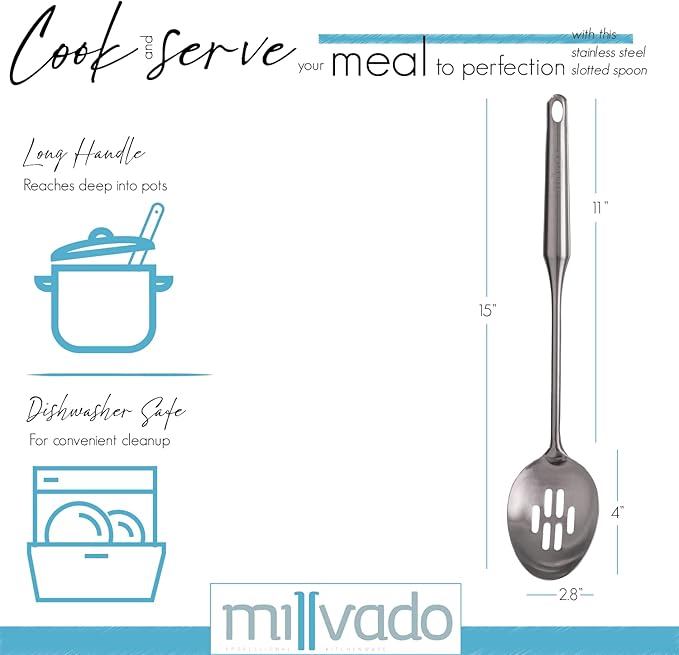 Stainless Steel Slotted Cooking Spoon, 15 Inch Large Metal Chef Strainer Utensil For Cooking, Serving, And Mixing, The #1 Dishwasher Safe Kitchen Tool, Long Spoon With Holes