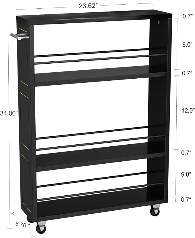 KLM 4 Tier Black Slim Storage Cart with Handle, Slide Out Storage Rolling Utility Cart for Kitchen, Laundry, Narrow Places-6.7" W