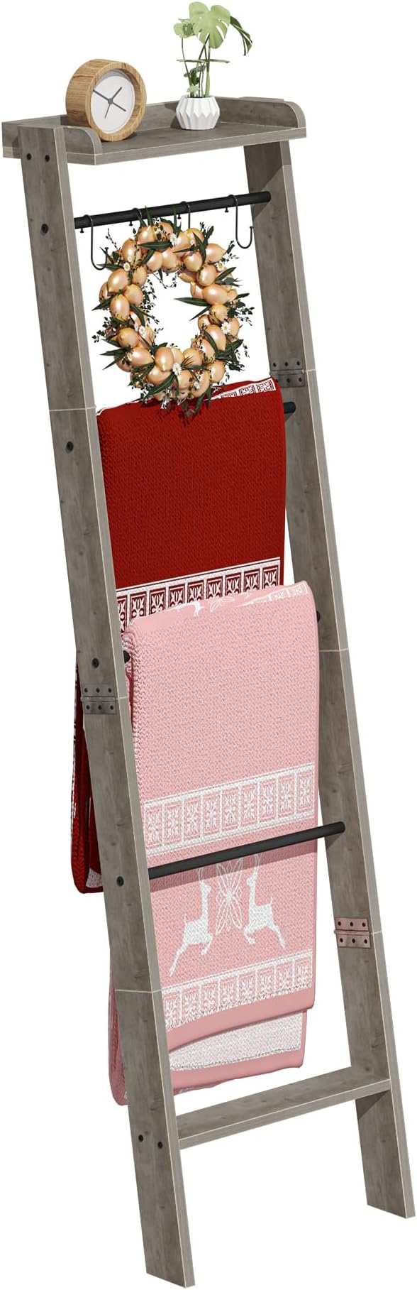 Hzuaneri Blanket Ladder Shelf, Decorative Quilt Rack, 6-Tier Farmhouse Ladder Holder Organizer with 4 Removable Hooks 7.9" D x 17.3" W x 63.4" H, Greige BR35805B