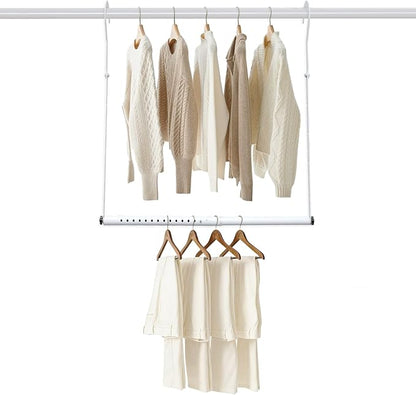 Hanging Closet Rod Extenders, Adjustable Width and Height Closet Extender Hanging Rod, Space-Saving Closet Hanging Rod, Heavy Duty Closet Bar for Hanging Clothes, 1 Pack White