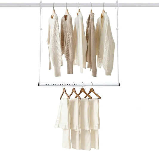 Hanging Closet Rod Extenders, Adjustable Width and Height Closet Extender Hanging Rod, Space-Saving Closet Hanging Rod, Heavy Duty Closet Bar for Hanging Clothes, 1 Pack White