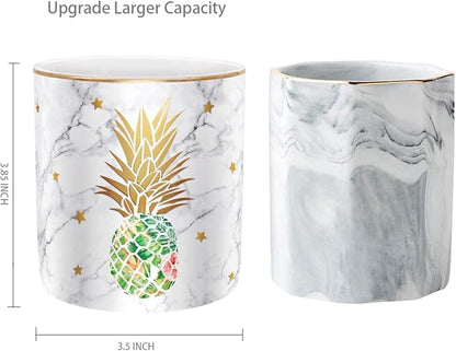 WAVEYU Cute Aesthetic Pencil Holder for Desk, Pineapple Pen Cup Holder, Pretty Office Accessories for Girls Women, Ceramic Organizers, Makeup Brush Holder for Home, Green Pineapple