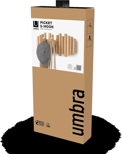 Umbra Picket Coat Rack Wall Mount – 5 Flip-Down Wood Coat Hooks, Modern & Functional Storage, Easy Install Wall Hooks, Natural