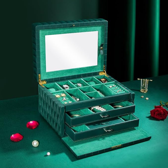 Genuine Leather Jewelry Box – 3 Layer Large Jewelry Organizer with Mirror, Lockable Jewelry Box for Women – Necklace, Ring, Earring Organizer with Drawer - Gifts(Green)