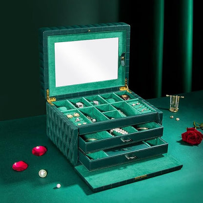 Genuine Leather Jewelry Box – 3 Layer Large Jewelry Organizer with Mirror, Lockable Jewelry Box for Women – Necklace, Ring, Earring Organizer with Drawer - Gifts(Green)