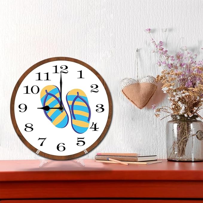 Summer Flip Flops Wall Clock 10 Inch Wooden Battery Operated Autumn Forest Maple Leaves Wall Clocks Decorative Indoor,Decorative for Kitchen Bathroom Bedroom