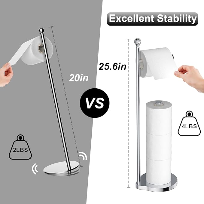 KASUNTO Toilet Paper Holder for Bathroom, Heavy Weighted Metal Free Standing Toilet Paper Storage with Crystal Ball, Toilet Paper Stand for Bathroom Accessories, Polished Chrome [Holds MEGA Rolls]