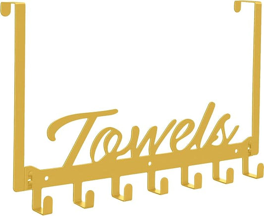 Azmoncy Over The Door Hooks, Heavy Duty Wall Mount Towel Hanger with 7 Hooks for Bedroom Bathroom Pool Kitchen Towels, Bag, Coats (Gold)
