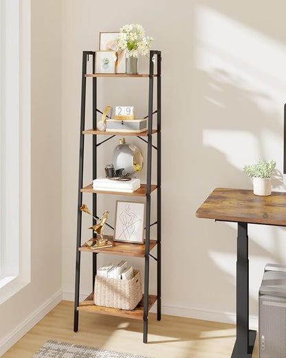 Ladder Shelf, Bookshelf Bookcase, Freestanding Corner Storage Shelve with 2 Hooks for Home Office, Living Room, Kitchen, Bedroom, Industrial, 11.8" D x 17.3" W x 63" H, Rustic Brown BC19201B