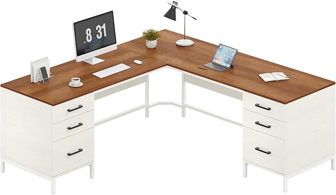 TVU 59’‘ L Shaped Desk with 6 Wood Drawers, Large Home Office Corner Computer Desk with Storage File Cabinet, Modern Metal Wood Desk for Executive Writing Study Workstation