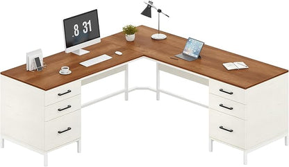 TVU 59’‘ L Shaped Desk with 6 Wood Drawers, Large Home Office Corner Computer Desk with Storage File Cabinet, Modern Metal Wood Desk for Executive Writing Study Workstation