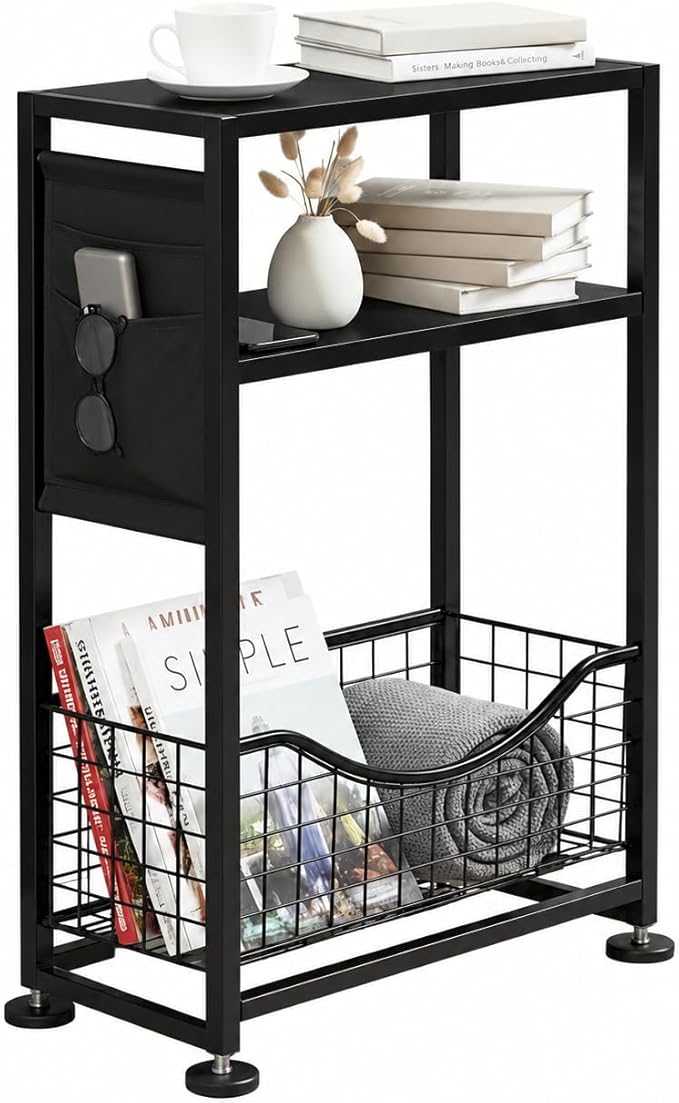 Skinny Side Table with Storage, 3 Tier Slim Side Tables for Small Spaces, Skinny End Table Narrow Bedside Table Narrow Side Table for Living Room, Bedroom