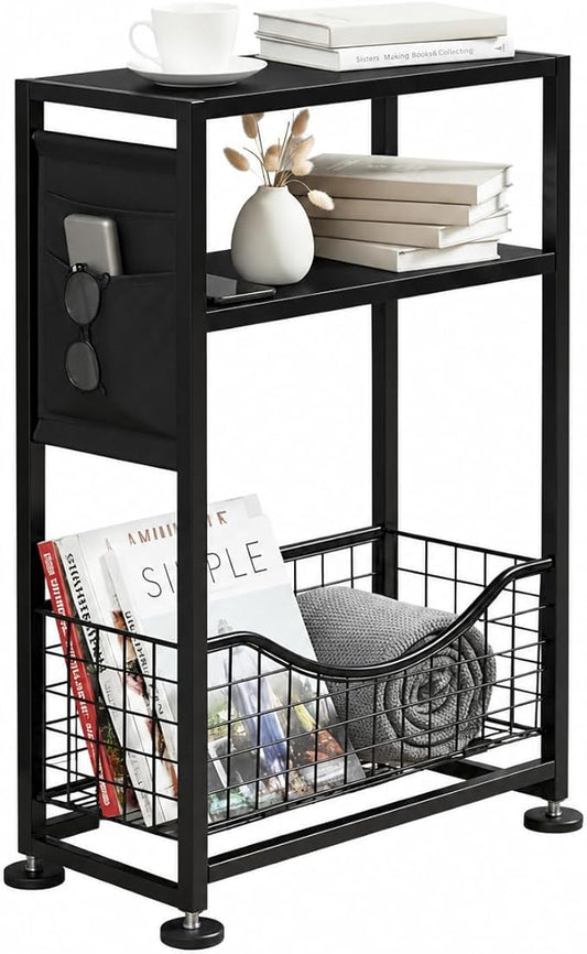 Skinny Side Table with Storage, 3 Tier Slim Side Tables for Small Spaces, Skinny End Table Narrow Bedside Table Narrow Side Table for Living Room, Bedroom