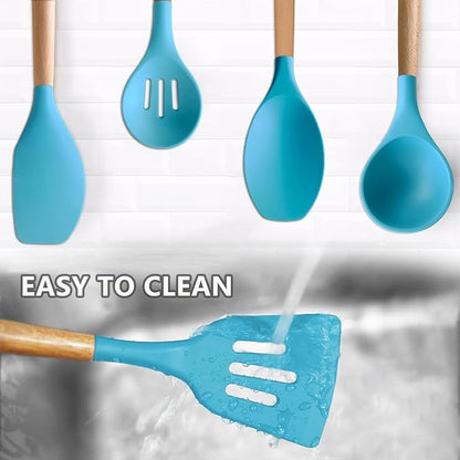 IOCBYHZ Silicone Kitchen Cooking Utensils Set, 5-Piece Non-Stick Silicone Kitchen Utensils Spatula Serving Spoons Turner Ladle Set w Wooden Handle Heat Resistant Cooking Gadgets for Nonstick Cookware