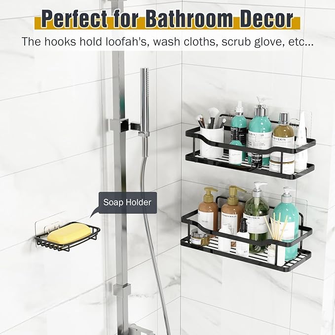 OMAIRA 3-Pack Shower Caddy with Soap Holder, Adhesive Rustproof No-Drill Strudy Loading Inside Shower Organizer Shelves Rack Storage Bathroom Organization for Smooth Wall Glass Tile, Black (X-Large)