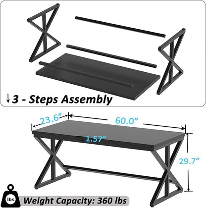 IBF Modern Black Computer Desk, Long Home Office Desk for Writing Study, Large Simple Wood Metal Work Desk in Bedroom, Big Industrial Pc Gaming Workstation Executive Computer Table, Black Oak, 60 Inch