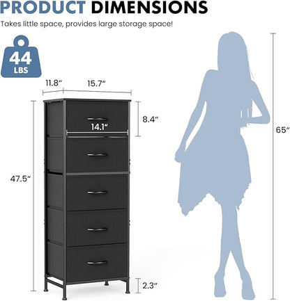 DUMOS Nightstand with 5 Drawers Bedside Table with Removable Fabric Bins Sturdy Steel Frame Wood Top Organizer Furniture for Bedroom Closet Living Room, Black