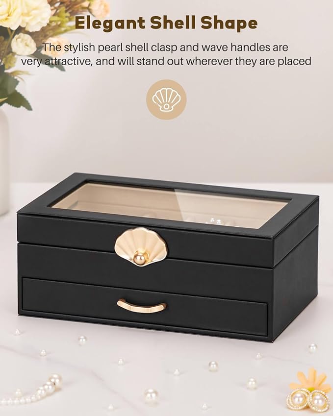 Jewelry Box with 1 Drawers: Display Organizer for Earrings Necklaces - Gifts for Girls Women (Black)