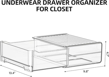 Underwear Drawer Organizer, Plastic Bra Storage Organizer for Closet, Bra Shelf Organizer, Clear Plastic Bra Drawers Stackable Pull Out Drawer Closet Organizer for Belts, Ties, Scarf