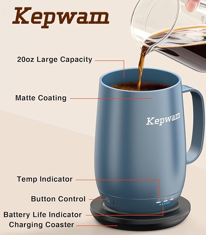 Kepwam Heated Coffee Mug T2-Plus, 20oz Leading Large Capacity Self Heating Mug, Up to 8 Hrs Battery & Hot Up to 149℉, Smart Coffee Mug for Women, Men