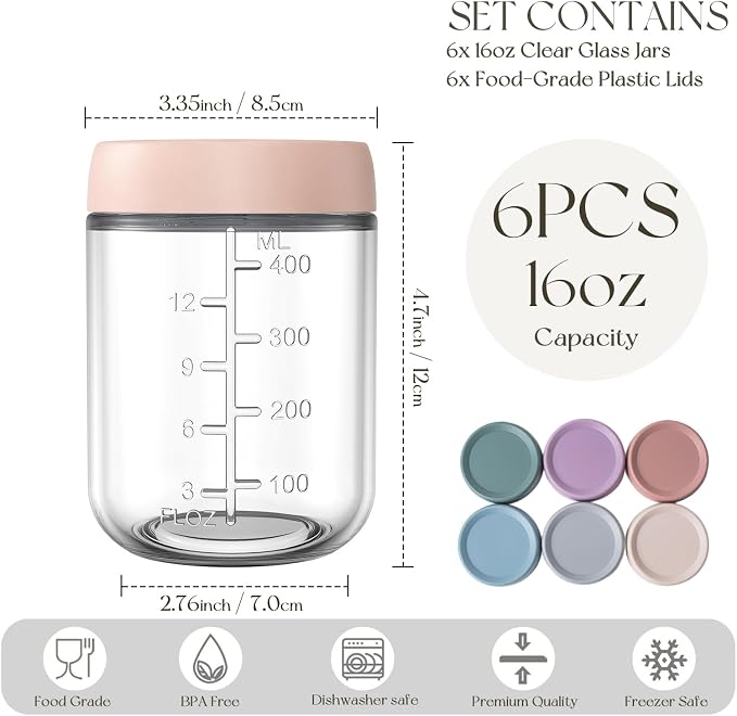 KEMORELA 6-Pack 16oz Overnight Oats Containers with Lids, Wide Mouth Glass Mason Jars with Airtight Lids, Reusable Glass Food Storage Containers for Yogurt, Chia Pudding, Salad, and Pickles