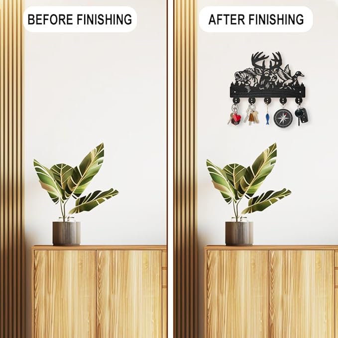 MAYJOYDIY Fish Deer Duck Key Holder for Wall Wooden Fish Bird Animal Key Rack 11.8×7.8inch Decorative Forest Tree Fishing Key Hanger with 5 Alloy Hooks for Entryway Front Door Kitchen Office