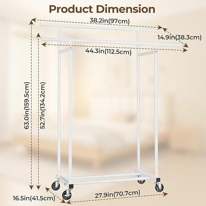 Double Rods Clothes Rack, Rolling Clothing Rack for Hanging Clothes Portable Wardrobe Rack, Metal Garment Rack Sturdy Coat Rack for Bedroom Laundry Living Room, White