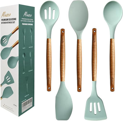 Kitchen Utensils Set, Silicone Cooking Utensils Set,Non-Stick Silicone Spatula Set with Natural Acacia Hard Wood Handle, 5 Piece, Upgraded Thickened Cookware