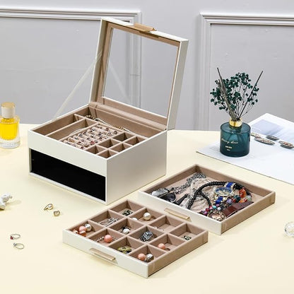 Jewelry Boxes with Glass Lid Display PU Leather Elegant Jewelry Organizer Women Multiple Drawers Stylish Storage Men for Rings Necklaces Accessories GY807 (White)