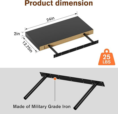 JPND Floating Shelf, Set of 2 Wall Shelf, 24 in W x 12.75 in D x 2 in H Wooden Floating Wall Shelf with Invisible Brackets for Living Room/Bedroom/Bathroom/Kitchen Storage and Decor, Black Wood