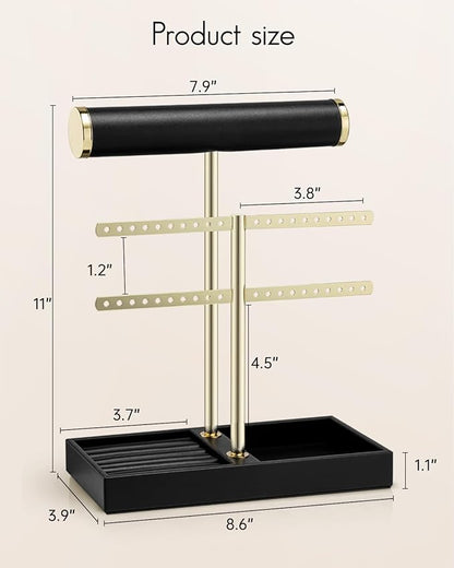 Vlando 2 Tier Necklace Holder Organizer with Tray, Leather Bracelet Holder Display for Women, Gold Jewelry Holder Stand for Bracelet, Necklace, Earrings, Rings - Black