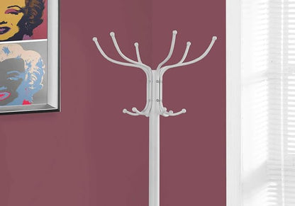 Monarch Specialties I 2030 Coat Rack, Hall Tree, Free Standing, 12 Hooks, Entryway, 70" H, Umbrella Holder, Bedroom, Metal, White, Contemporary, Modern