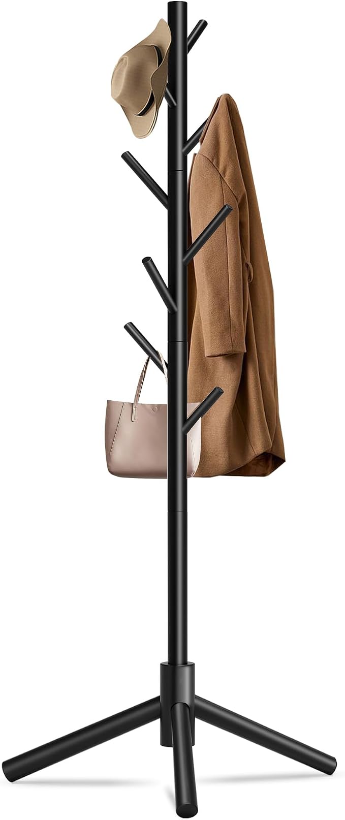 Unisakey Durable Wooden Coat Rack, Freestanding Coat Rack with Stable Triangular Base, 8 Hooks & 3 Adjustable Heights, Simple Assembly for Bedroom, Hallway, Office(New Black)