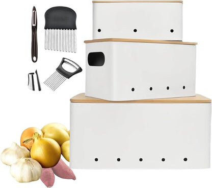Modern kitchen storage container, stacked metal storage box, 3-piece set with wooden lid design, onion, garlic, potato metal cans, breathable storage box (White)