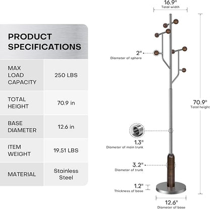 Coat Rack Freestanding with Stainless Steel Marble Base, 8 Wood Ball-shaped Hooks, Heavy-Duty Standing Rack Clother Hanger Rack Metal Coat Tree for Bedroom Entryway, Hat, Bags, Long Dresses