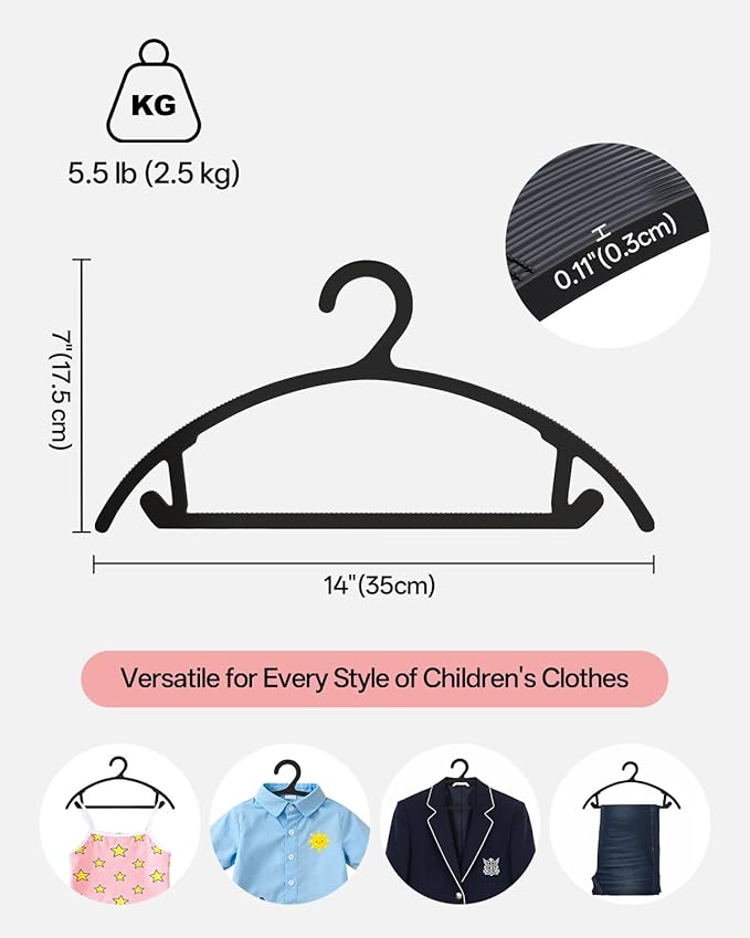 100 Pack Kids Hangers, Non-Slip & Sturdy Coat Hangers, Ultra-Thin Plastic Suit Hangers for 7-12 Years Old, Dry & Wet Dual-Use Multi-Scenario Storage, Holds Up to 11 LB, 14" W,Black,UAPY09100B