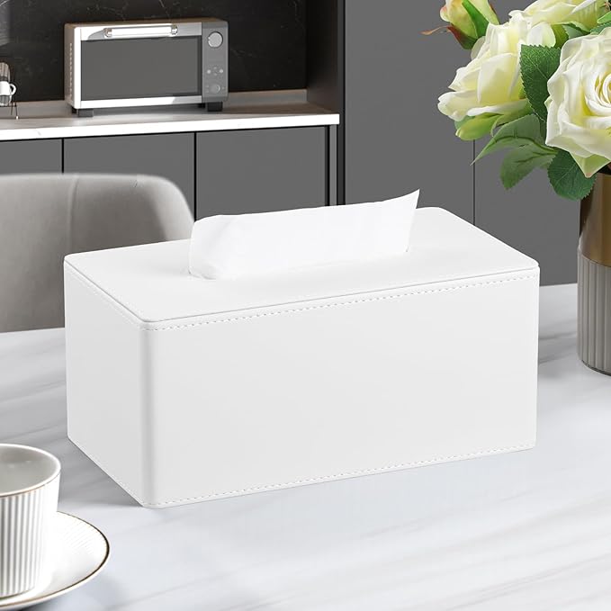 MEIBOOCH PU Leather Tissue Box Cover for 120(3-Ply)/ 160(2-Ply) Count Box of Tissues, Rectangle Tissue Box Holder for Bathroom Bedroom Living Room Office (Cream-White)