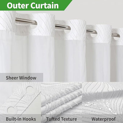 no Hook Shower Curtain and Liner Set，Boho Style with See Through Top Window, White Fabric Tufted Striped Textured Outer Curtain & Waterproof Inner Liner, White, 71Wx77H