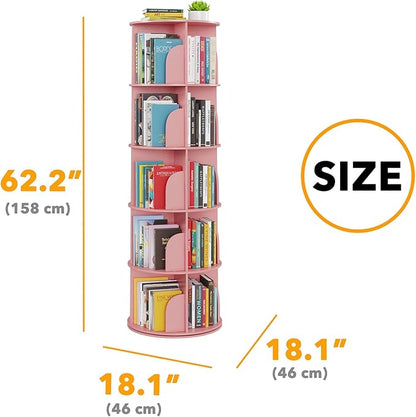 SpaceAid 5 Tier Rotating Bookshelf Tower, Spinning Bookcase Lazy Susan, Revolving 360 Book Shelf Storage Round Carousel, Vertical Rotate Turning Spiral Corner Organizer, Pink
