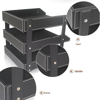 KINGFOM Letter Tray, Leather Paper Organizer Tray, Wooden Desk File Holder, Desktop File, Stackable Magazine Holder, Mail Sorter, Great for Home or Office - 3 Level Black