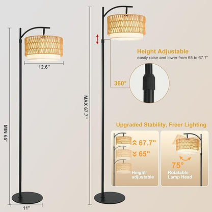 Bohemian Rattan Floor Lamp for Living Room - Black Arc Design, 12W LED (1 in use + 1 Spare), Remote & Dimmable 3 - Color Temp, Tall Standing Lamp