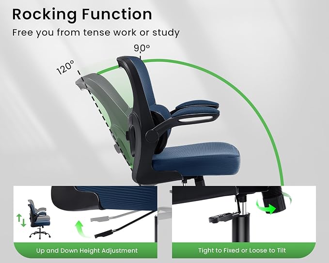 Ergonomic Office Chair, Comfy Desk Chair with Adjustable Lumbar Support, Mesh Computer Chair with Wheels, Flip-up Armrests, Swivel Rolling Executive Chair for Home Office, Gaming, Navy Blue