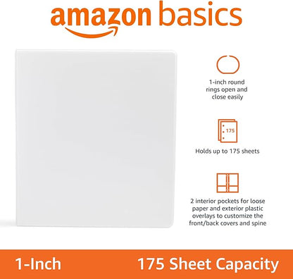 Amazon Basics 3-Ring Binder with Round Rings and Interior Pockets, 1-Inch, White, 8-Pack